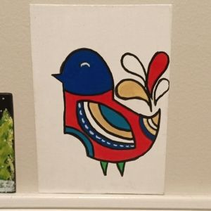 Midcentury Inspired Geometric Bird on 5x7 stretched canvas Original Painting